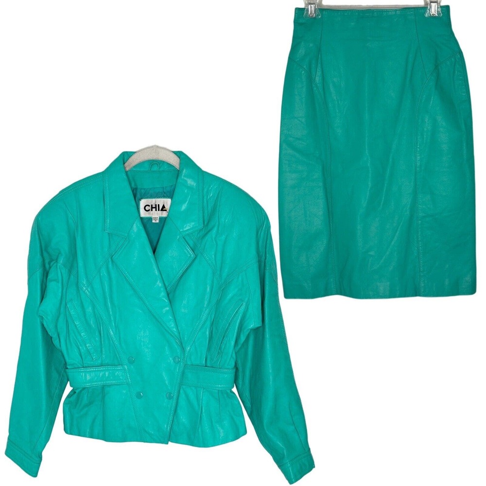Vtg 80s CHIA Teal Leather Suit Women’s Jacket and Skirt Set Sz Medium 8